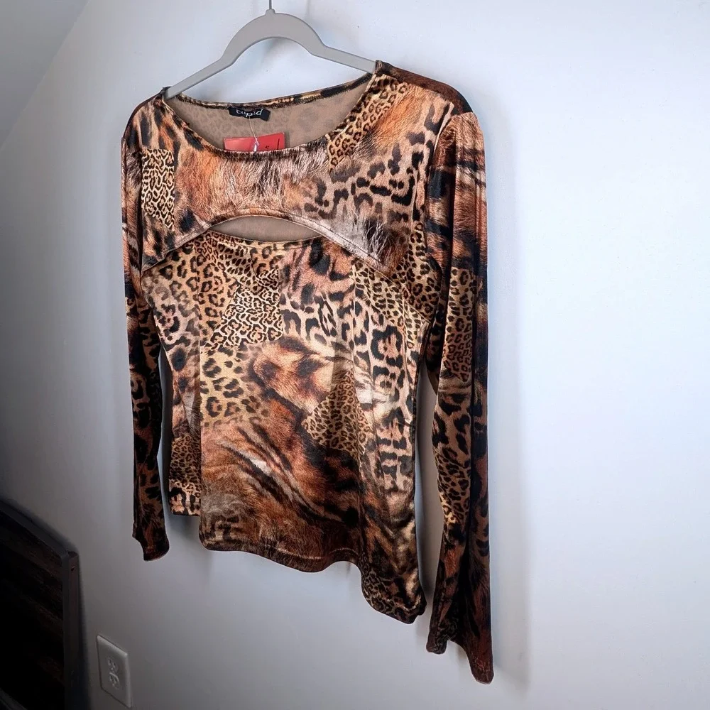 Cupid Vintage Y2K Leopard Print Cutout‎ Long Sleeve Top NWT Brown Animal Print